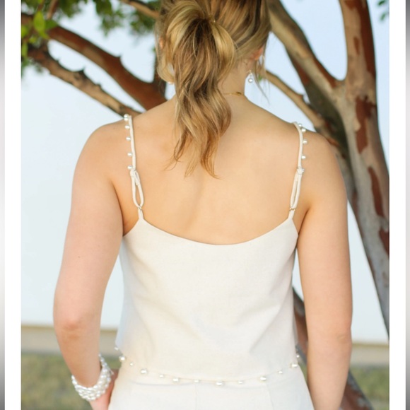 Pearl Details Cropped Top Beige Linen Straps Medium - Picture 2 of 10